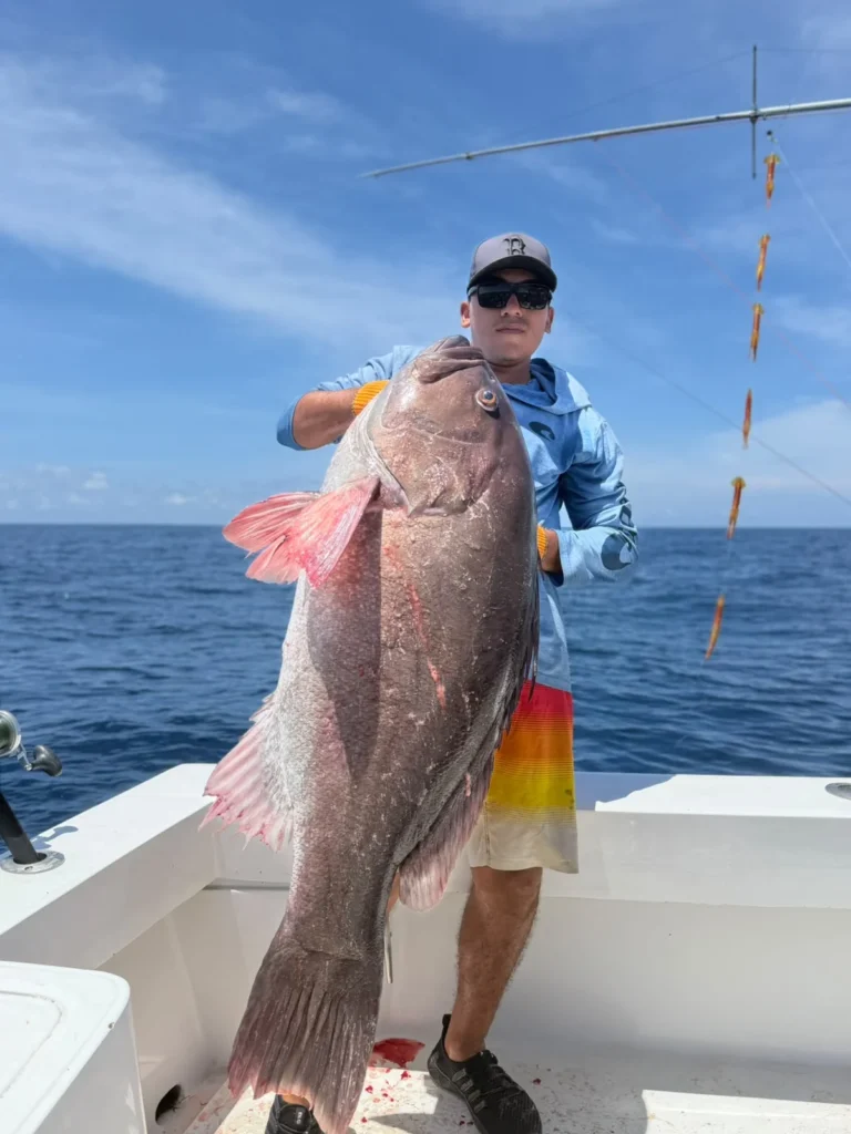 Crew member holding a giant grouper caught aboard the 32-foot Carolina Classic near Jaco Costa Rica